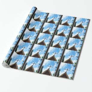 Old Country Church Blue and Brown Christmas Wrapping Paper