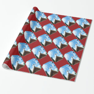 Old Country Church Red Brown Blue Wrapping Paper