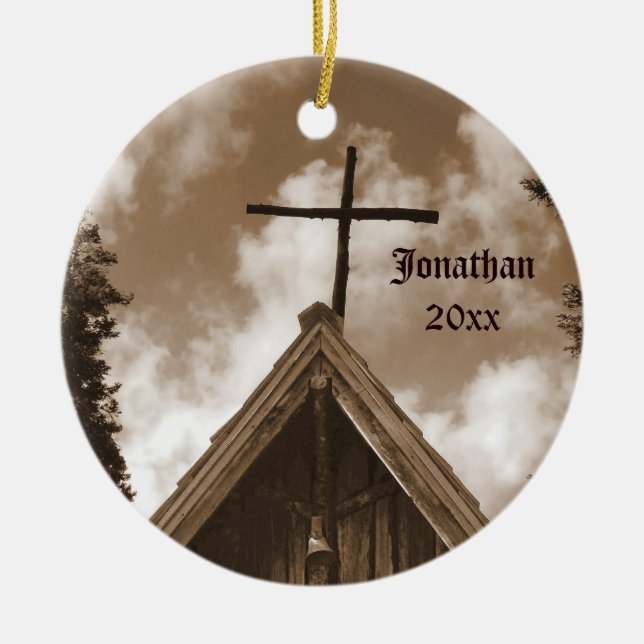 Old Country Church, Sepia, Christmas Holiday Ceramic Ornament (Front)