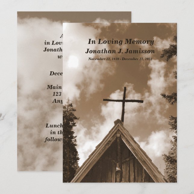 Old Country Church, Sepia Memorial Service Invite (Front/Back)