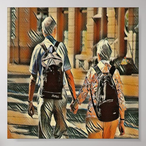 Old couple holding hands poster