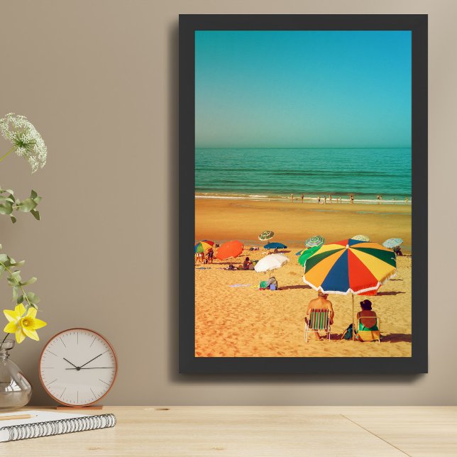 Old couple under beach umbrella in Fonte da Telha. Metal Print (Creator Uploaded)