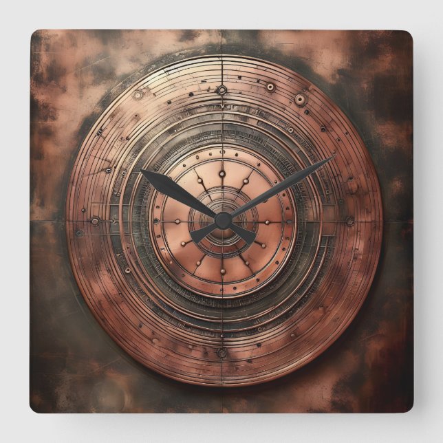 old dirty copper round object square wall clock (Front)