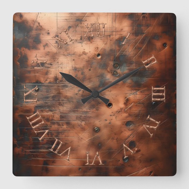 old dirty copper square wall clock (Front)