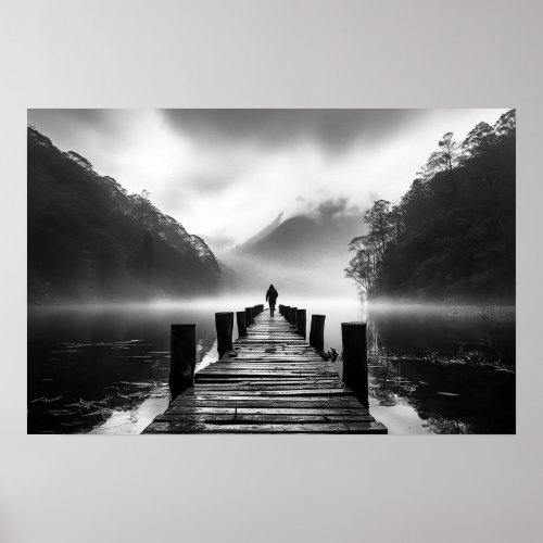 Old dock on the lake BW photo Poster