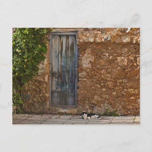 Old door and resting cat postcard