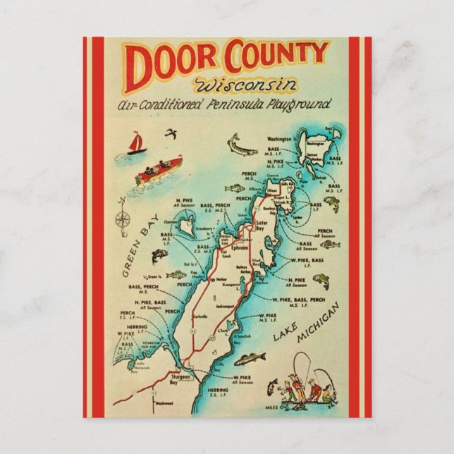 Old Door County Fishing Map  Postcard (Front)