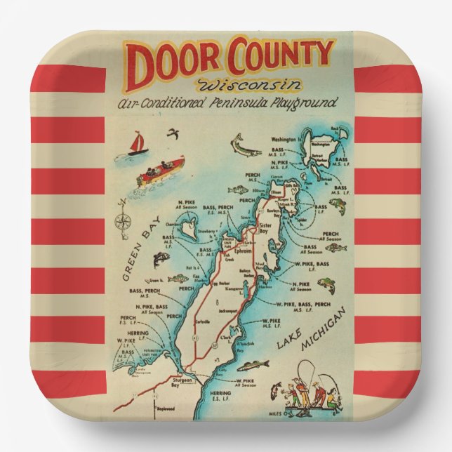 Old Door County Map Postcard Paper Plates (Front)