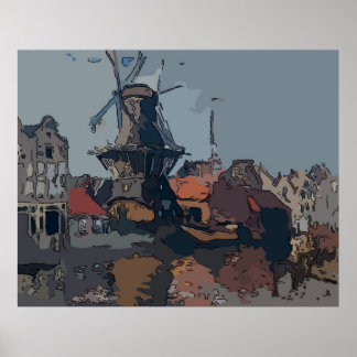 Old Dutch Windmill Painting Poster