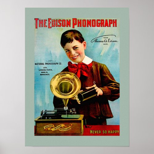 Old Edison Phonograph Cylinder Record Player Ad Poster