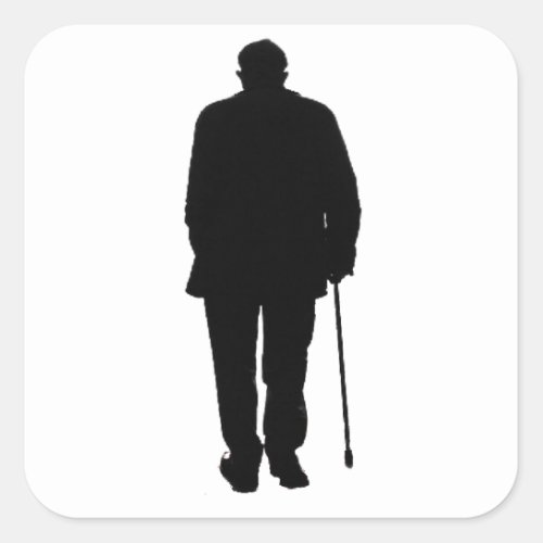 Old Elderly Man Walking Black Silhouette Drawing Square Sticker