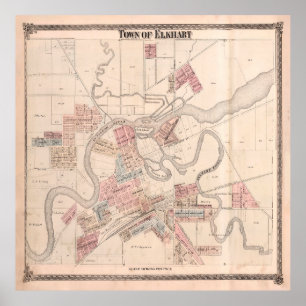 Old Elkhart IN Map (1874) Vintage Old Hart City Poster