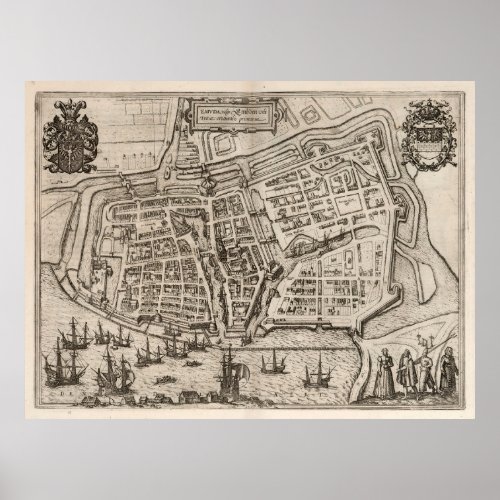 Old Emden Germany Map 1575 Vintage Lower Saxony  Poster