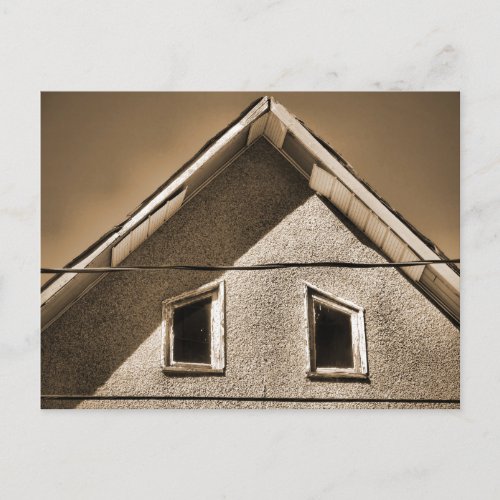 Old Empty Gable House Expressive Window Eyes Sepia Postcard