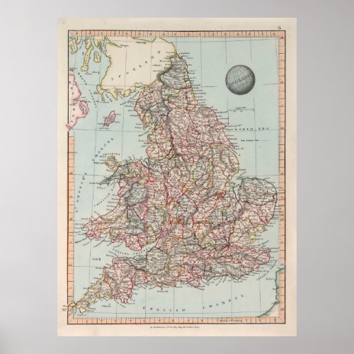 Old England Map 1850 Vintage Britain Atlas Poster