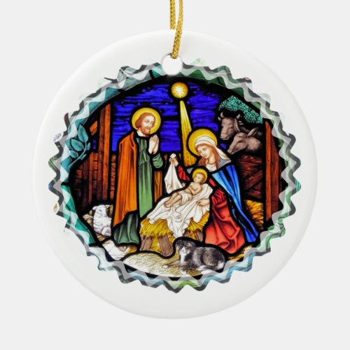 OLD ENGLAND NATIVITY WINDOW CERAMIC ORNAMENT