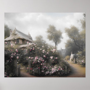 Old english cottage rose garden - vintage art poster