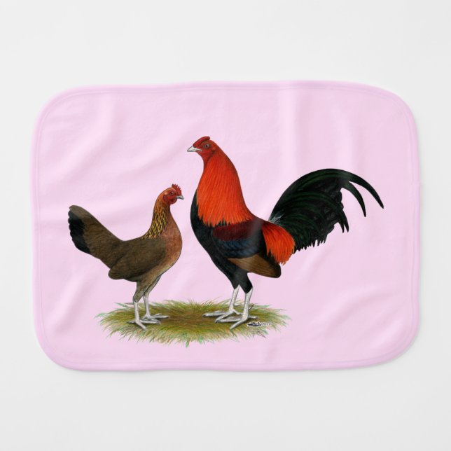 Old English Game Bantams:  BB Red Pair Baby Burp Cloth (Front Horizontal)