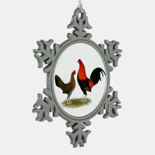 Old English Game Bantams:  BB Red Pair Snowflake Pewter Christmas Ornament