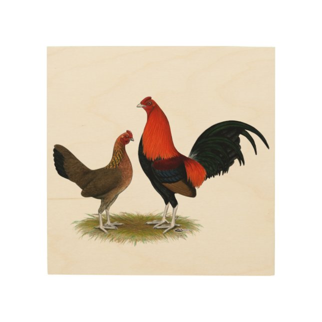 Old English Game Bantams:  BB Red Pair Wood Wall Decor (Front)