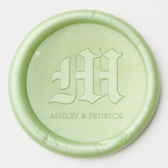 Old English Monogram Bride & Groom Green Wedding  Wax Seal Sticker (Front)