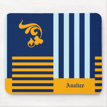 Old English Navy Blue And Orange Stripes With Name Mouse Pad by ohsogirly at Zazzle