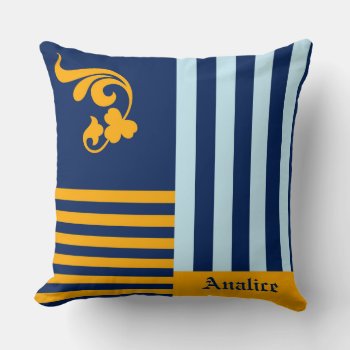 Old English Navy Blue And Orange Stripes With Name Throw Pillow by ohsogirly at Zazzle