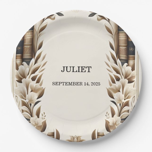 Old English Retro Book Club Cover Bridal Shower Paper Plates (Front)