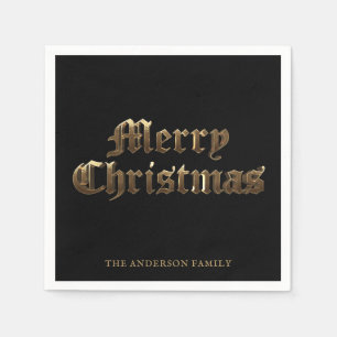 Old English Script Black and Gold Merry Christmas Napkins