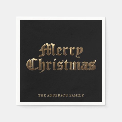 Old English Script Black and Gold Merry Christmas Napkins