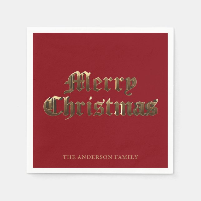 Old English Script Red and Gold Merry Christmas Napkins (Front)