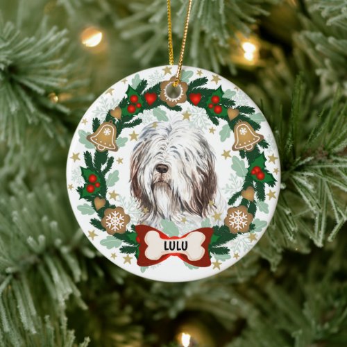 Old English Sheep Dog Christmas Dog Cookie Wreath Ceramic Ornament