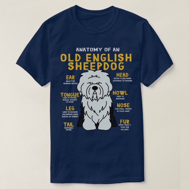 Old English Sheepdog Anatomy Funny Dog Mom Dad  T-Shirt (Design Front)