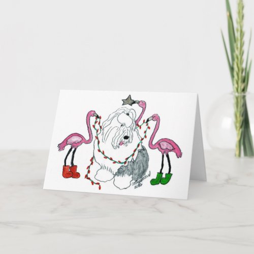 Old English Sheepdog and Pink Flamingos Christmas Holiday Card