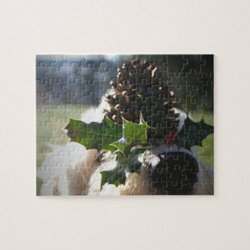 Old English Sheepdog Balancing Holly Jigsaw Puzzle