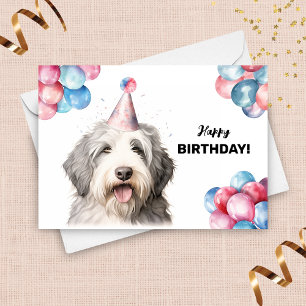 Old English Sheepdog Balloons Party Hat Birthday Card