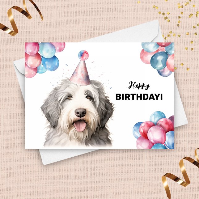 Old English Sheepdog Balloons Party Hat Birthday Card (Creator Uploaded)