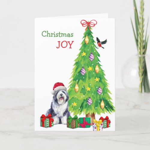 Old English Sheepdog Bird and Christmas Tree Holiday Card