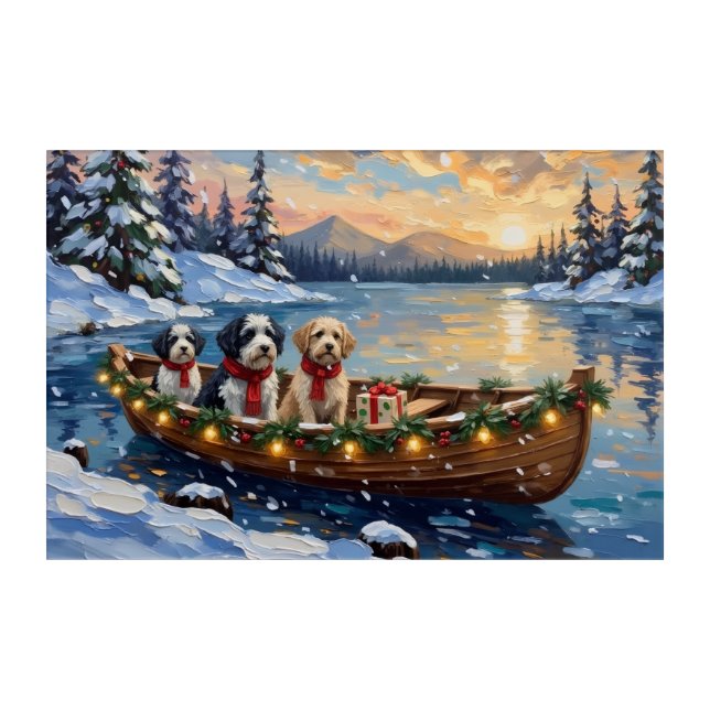 Old English Sheepdog Christmas Boat Holiday Acrylic Print (Front)