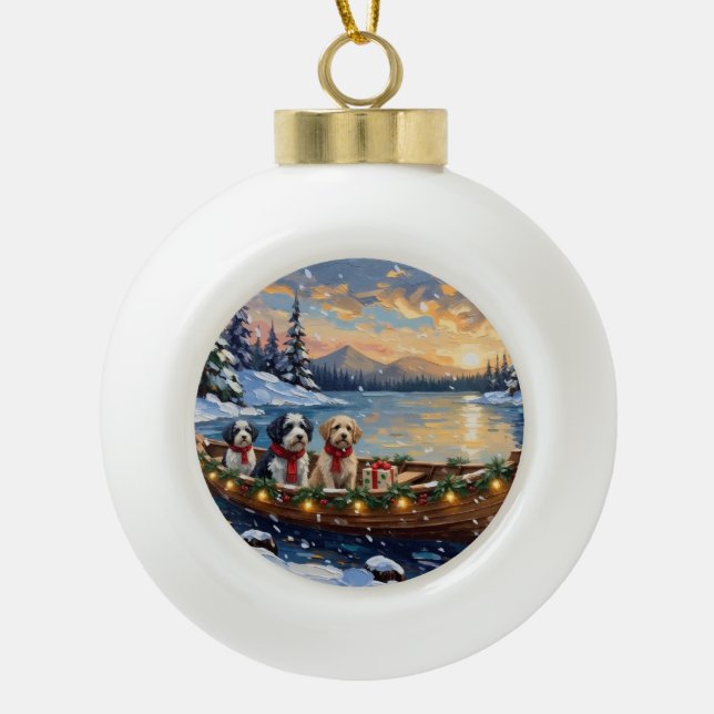 Old English Sheepdog Christmas Boat Holiday Ceramic Ball Christmas Ornament (Front)