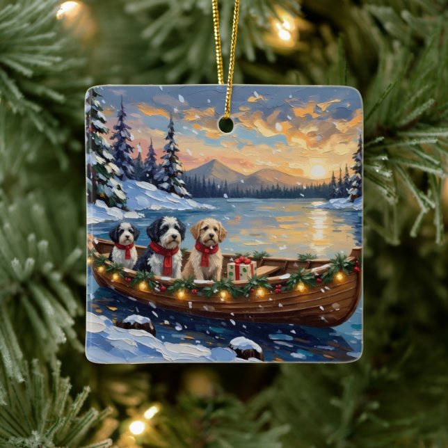 Old English Sheepdog Christmas Boat Holiday Ceramic Ornament (Tree)