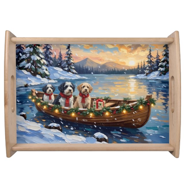 Old English Sheepdog Christmas Boat Holiday Serving Tray (Front)