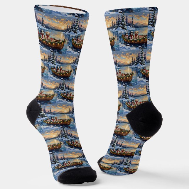 Old English Sheepdog Christmas Boat Holiday Socks (Angled)