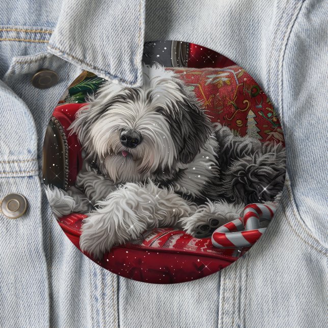 Old English Sheepdog Christmas Festive Button (In Situ)