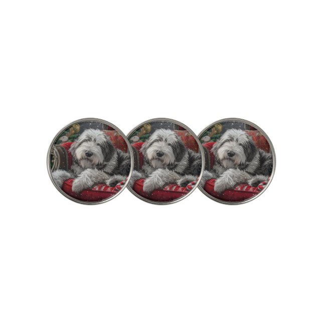 Old English Sheepdog Christmas Festive Golf Ball Marker (3 Up)