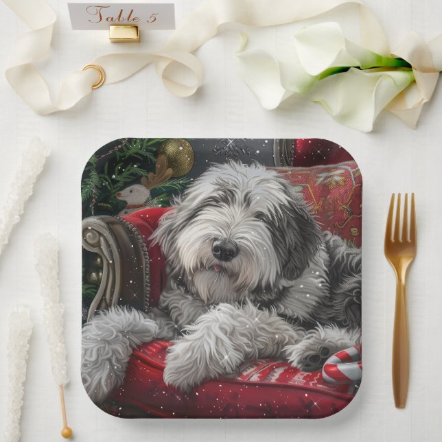 Old English Sheepdog Christmas Festive Paper Plates (Wedding)