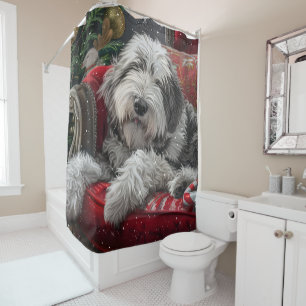 Old English Sheepdog Christmas Festive Shower Curtain