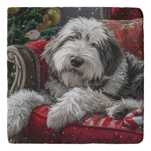 Old English Sheepdog Christmas Festive Trivet (Front)
