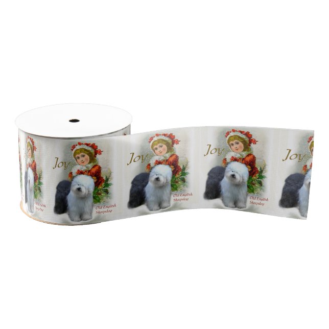 Old English Sheepdog Christmas Grosgrain Ribbon (Spool)