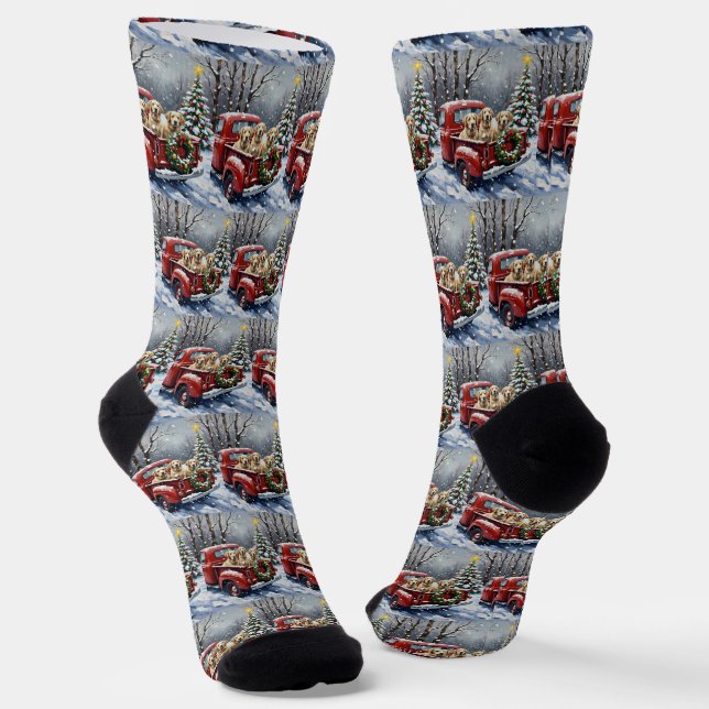 Old English Sheepdog Christmas Red Truck Holiday Socks (Angled)